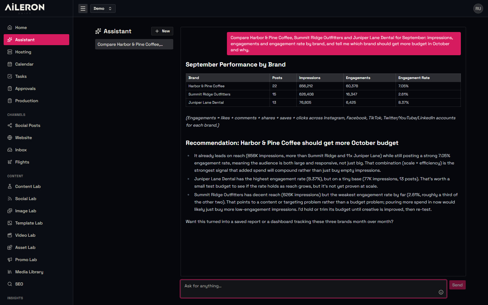 Avionics Assistant screen with demo data
