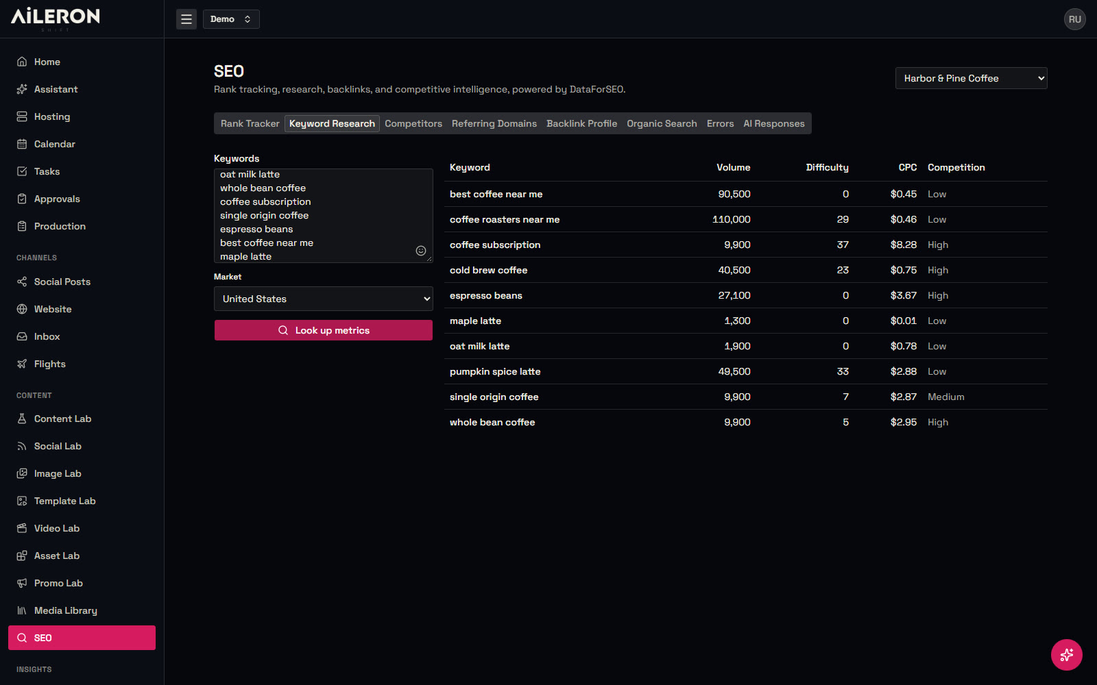 Avionics Keyword research screen with demo data