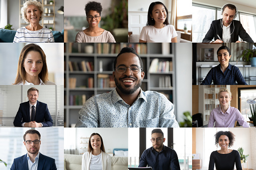 istockphoto-1220226068-170667a Laptop screen webcam view different ethnicity and age people engaged in group videocall. Video conference lead by african businessman leader. Modern technology, easy convenient on-line meeting concept