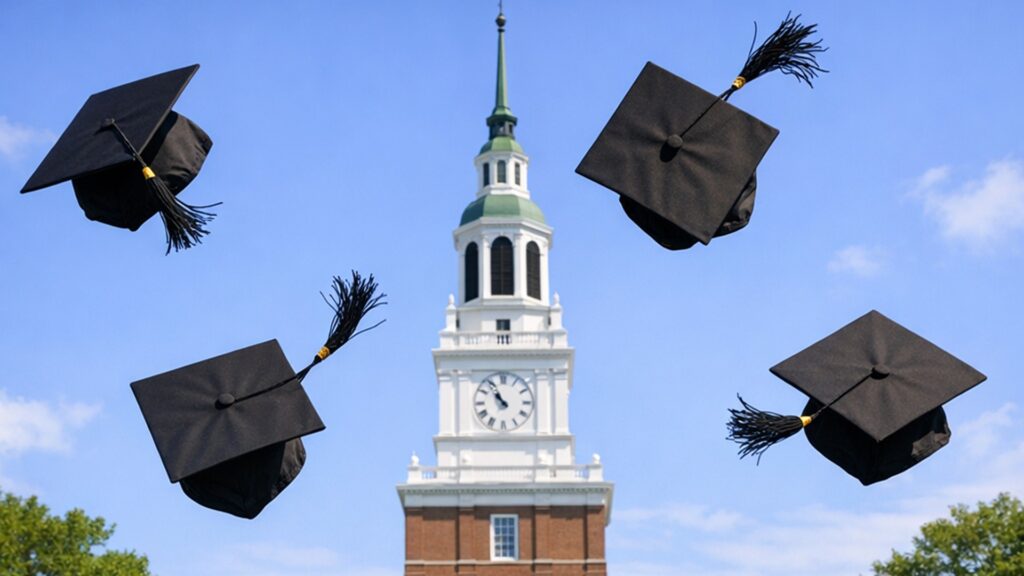 5 Graduation hats being tossed into the air at Dartmouth College 16x9