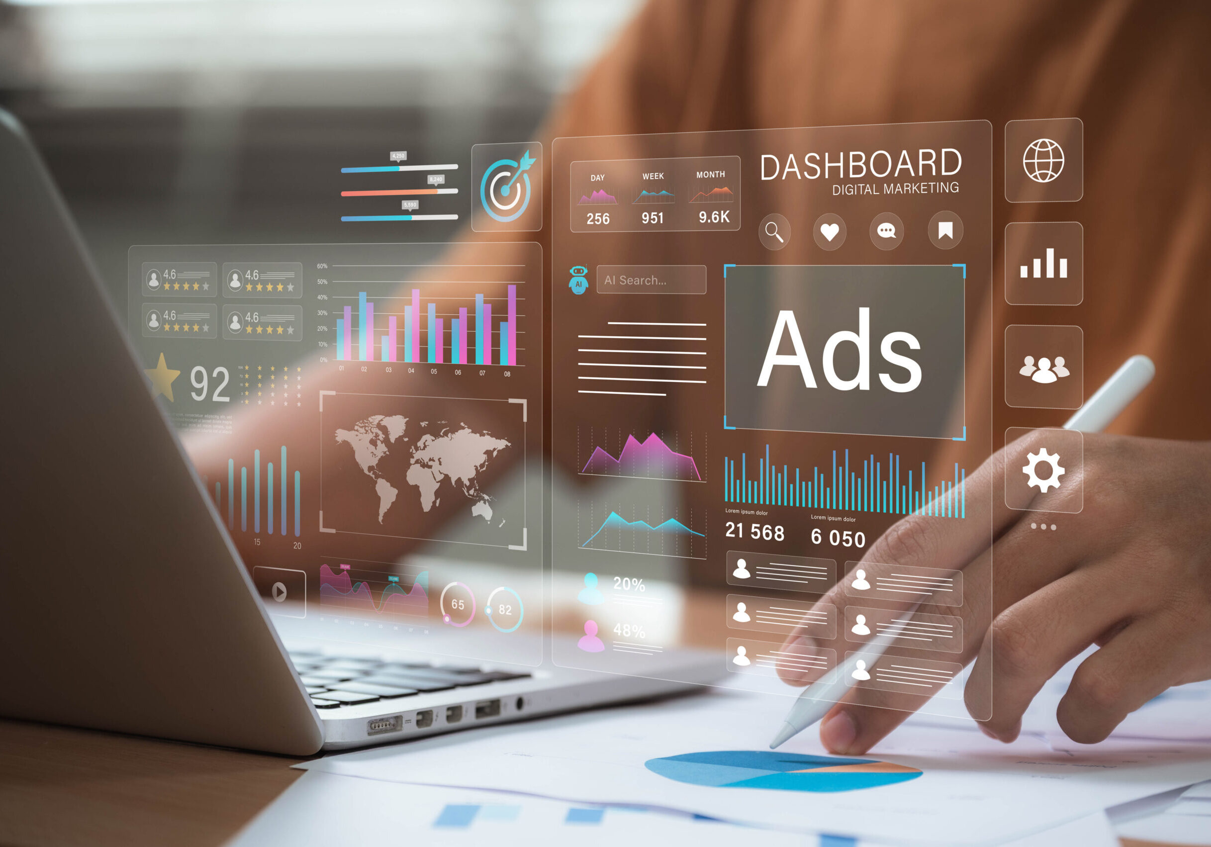 Digital advertising and marketing analytics concept. professional analyzes ad performance dashboard, showcasing customer engagement insights, social media strategy, audience targeting, ROI measurement