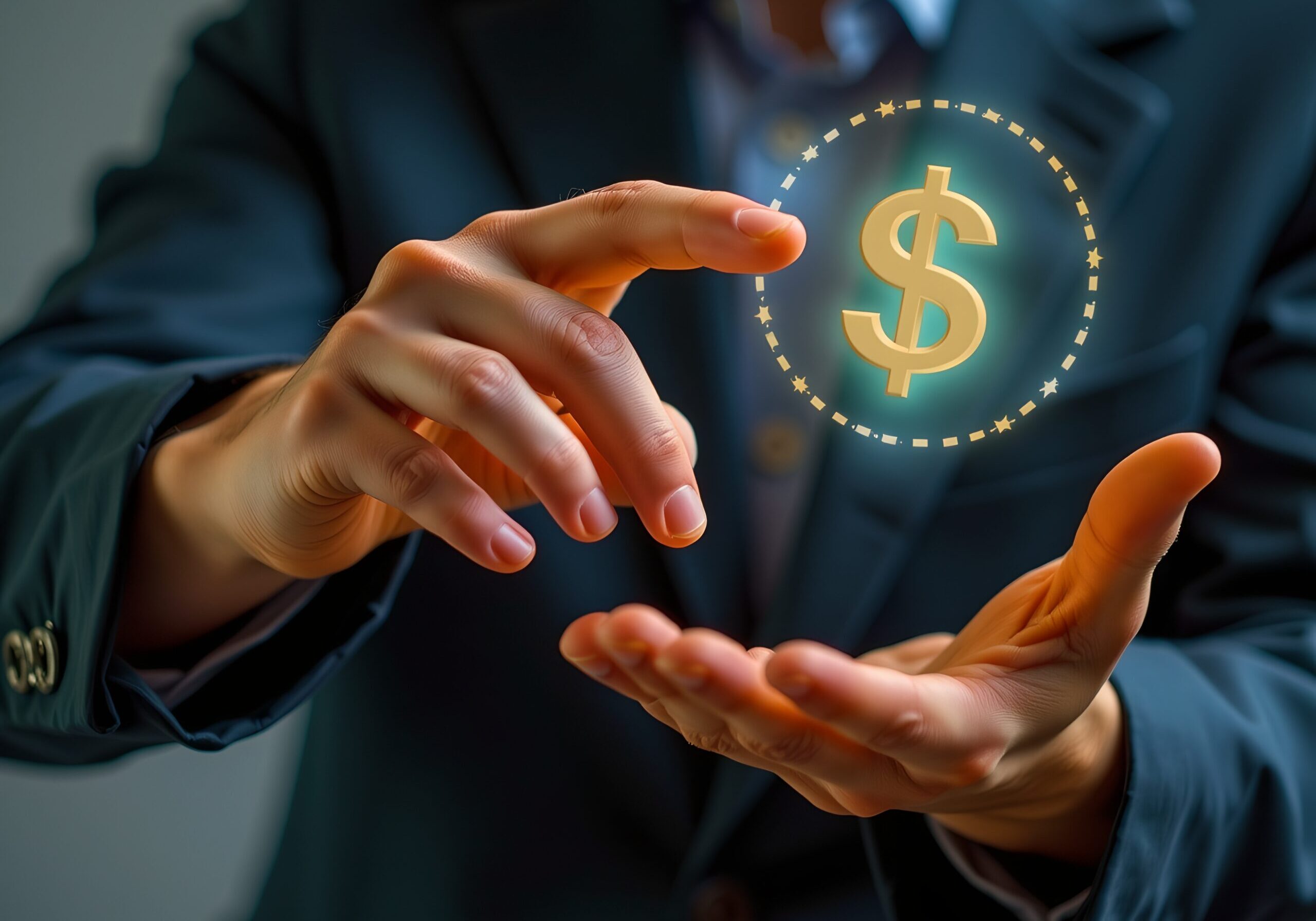 artist entrepreneur, hand gesture grabbing palette + currency icon, digital art monetization theme, infographic design, close up