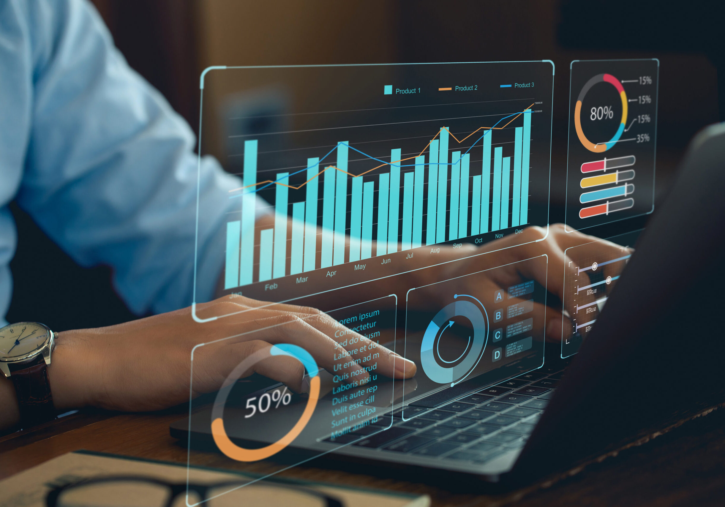 Analyst Works on Personal Computer Showing business analytics dashboard with charts, metrics and KPI to analyze performance and create insight reports for operations management. Data analysis concept.