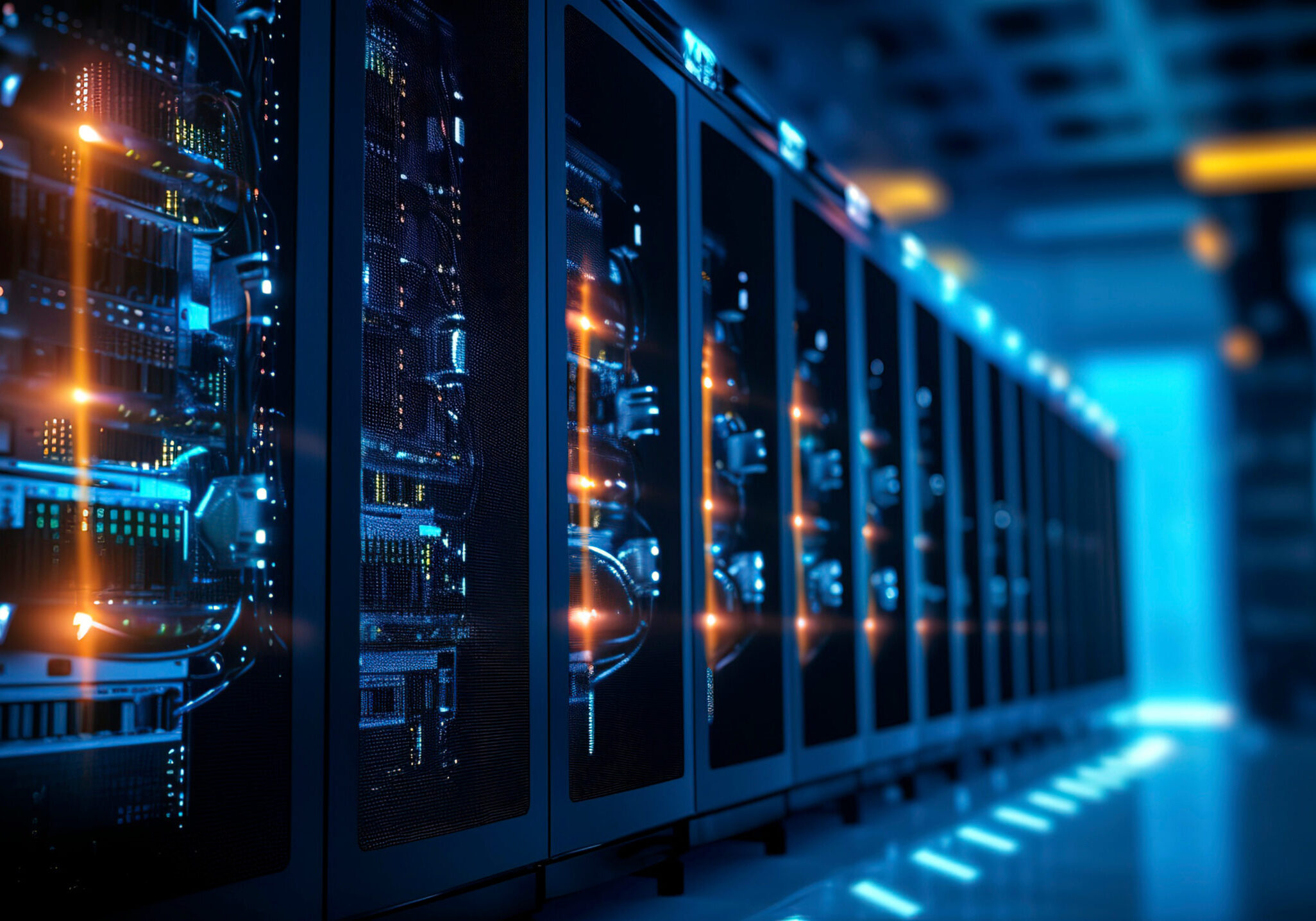 Row of network servers with glowing LED lights. Row of network servers with glowing LED lights.