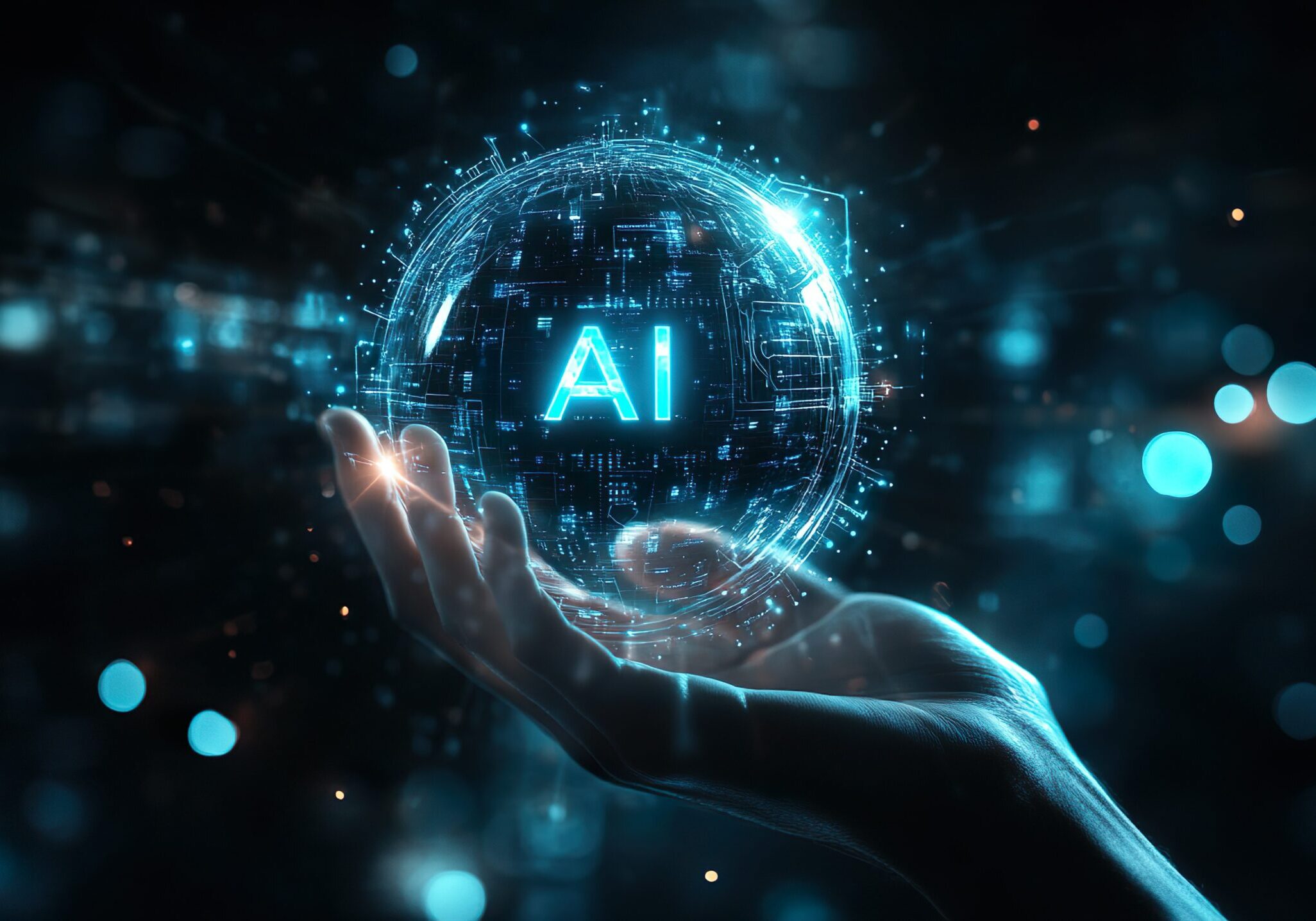 A close-up of a hand gently holding a glowing sphere with the letters AI prominently displayed in the center. The sphere emits a bright blue light, symbolizing the power and potential of artificial intelligence. This image conveys a futuristic vision of AI technology being carefully controlled and harnessed by human innovation.